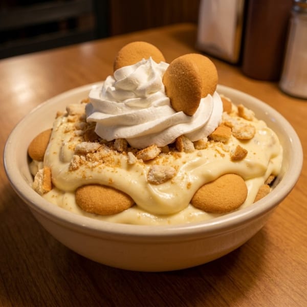 Creamy banana pudding with whipped cream, whole, and crushed vanilla wafers in a bowl.