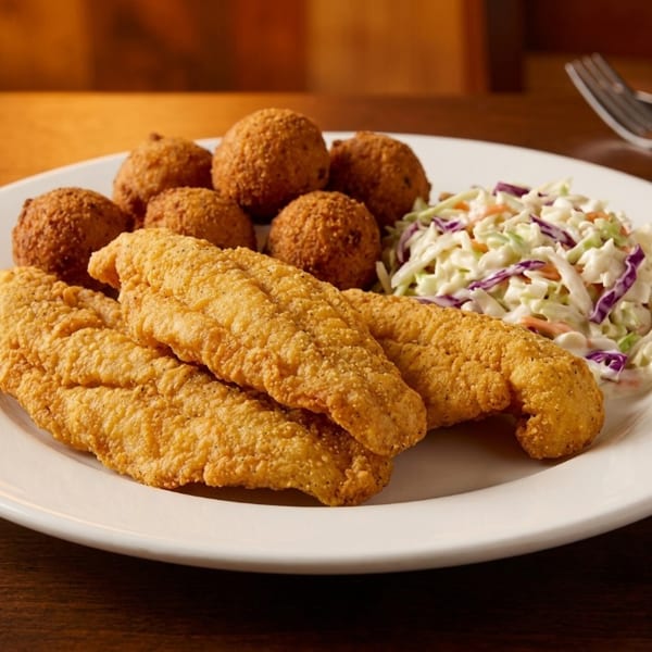Golden fried fish fillets, hush puppies, and coleslaw on a white plate.