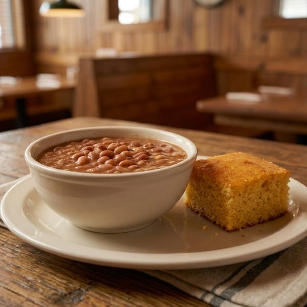 Baked beans and cornbread on a plate in a cozy, rustic restaurant setting.