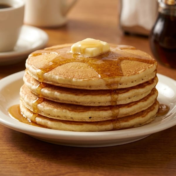 Stack of golden pancakes topped with melting butter and dripping maple syrup.