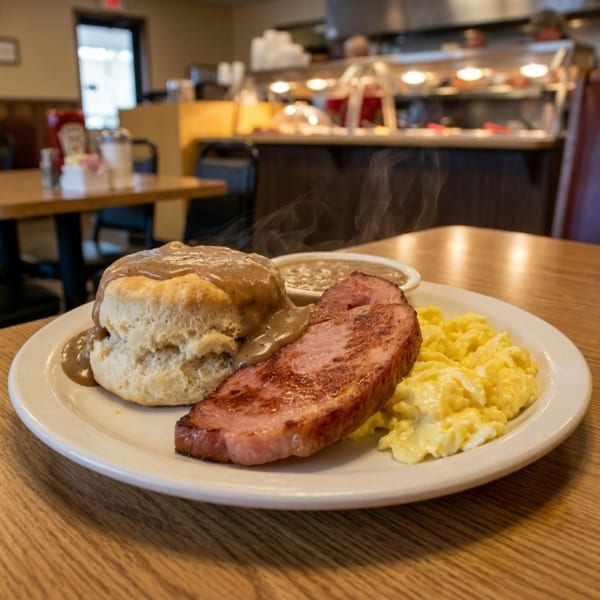 Steaming breakfast plate with biscuit and gravy, ham, scrambled eggs, and beans in a restaurant.